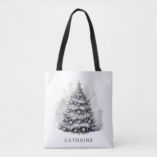 Modern Custom Name Black & White Christmas Tree Tote Bag