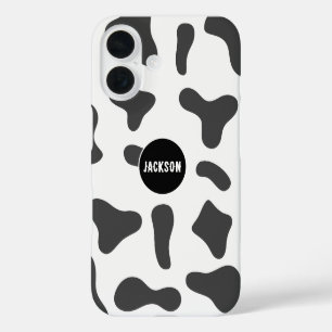 Modern Custom Name Cow Print Black White iPhone 16 Case