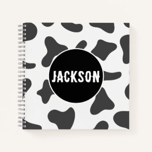 Modern Custom Name Cow Print Black White Notebook