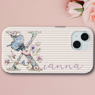 Modern Custom Name Floral Butterfly Initial Lilac iPhone 15 Case
