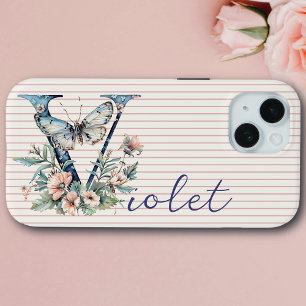 Modern Custom Name Floral Butterfly Initial Navy iPhone 15 Case