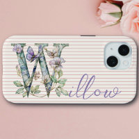 Modern Custom Name Floral Butterfly Initial Purple