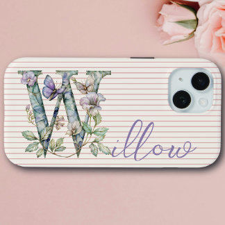 Modern Custom Name Floral Butterfly Initial Purple iPhone 15 Case