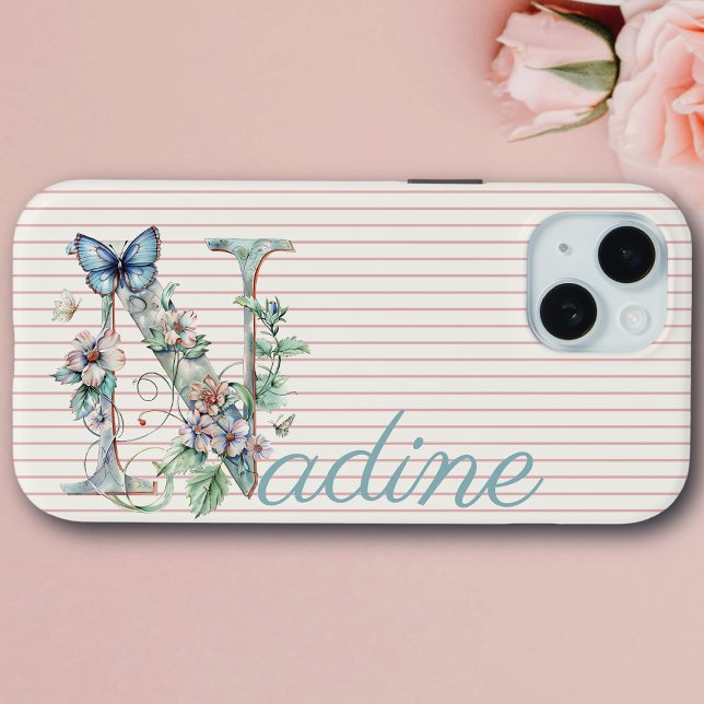 Modern Custom Name Floral Butterfly Initial Sage Case-Mate iPhone Case (Creator Uploaded)