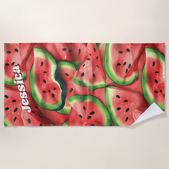 Modern  Custom Name Fun Watermelon Beach Towel (Front)