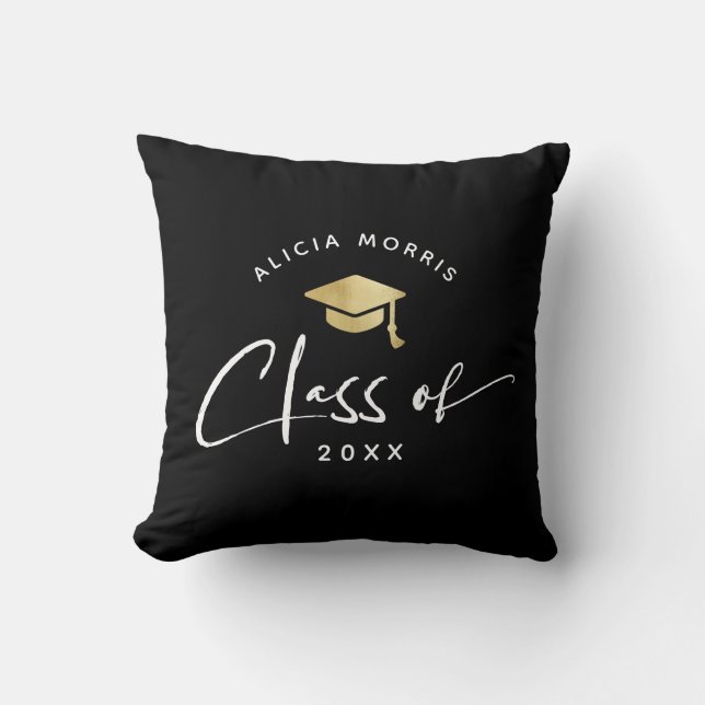 Modern Custom Name Graduation Trendy Script Gold Cushion (Front)