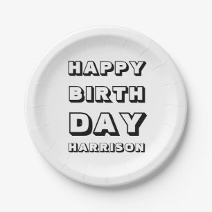 Modern Custom Name Happy Birthday black white Paper Plate