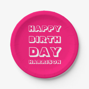 Modern Custom Name Happy Birthday hot pink fuchsia Paper Plate