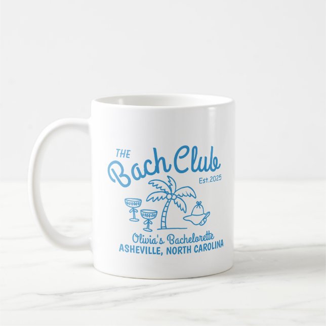 Modern Custom Name Island Date Bachelorette Blue Coffee Mug (Left)