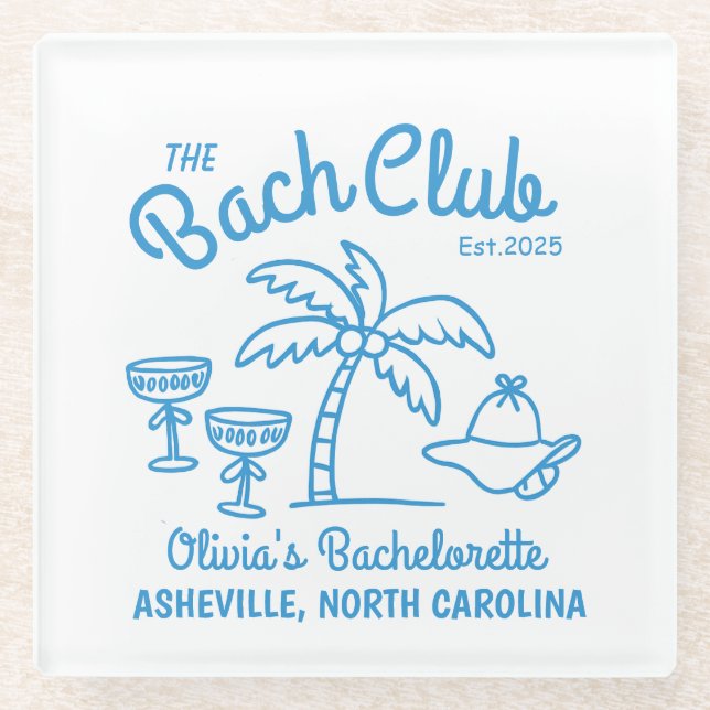 Modern Custom Name Island Date Bachelorette Blue Glass Coaster (Front)
