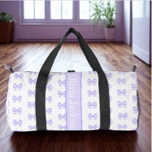 Modern Custom Name Purple Ribbon White Text Duffle Bag