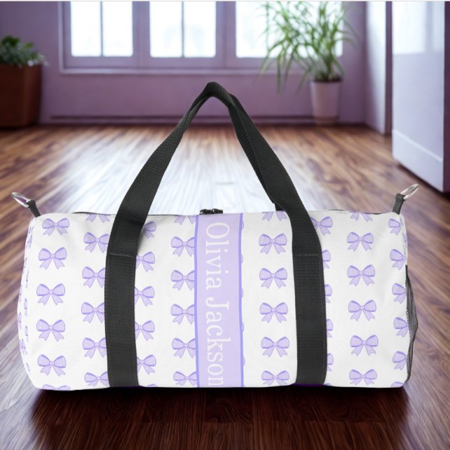 Modern Custom Name Purple Ribbon White Text Duffle Bag (Modern custom name purple ribbon white text duffle bag)