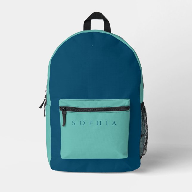 Modern Custom Name Teal and Blue Printed Backpack (Front)