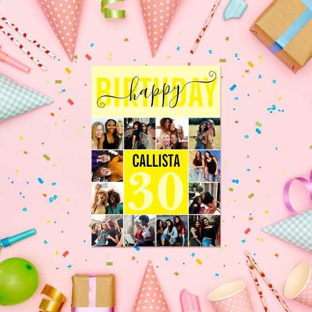 Modern Custom Neon Pastel Yellow 12 Photo Birthday Card (Creator Uploaded)