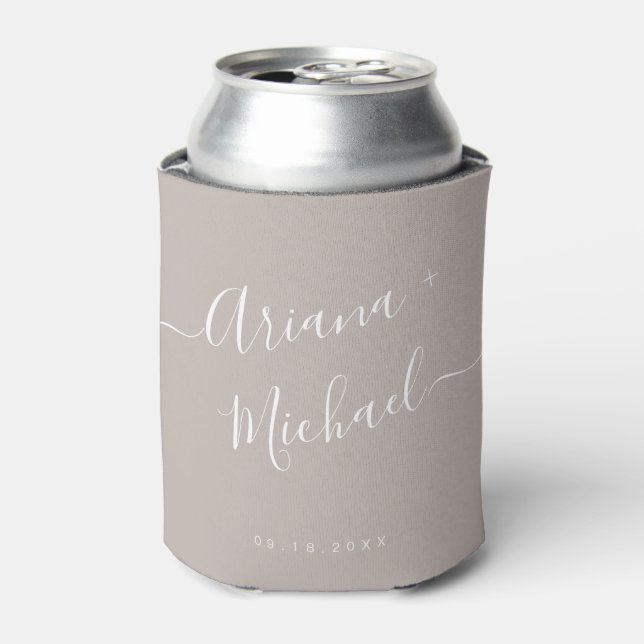 Modern Custom Neutral Script Names Wedding Can Cooler (Can Front)
