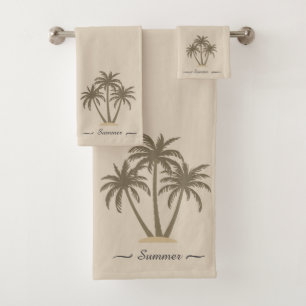 Modern Custom Palm Trees & Script on Beige Bath Towel Set