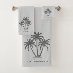 Modern Custom Palm Trees & Script on Grey Bath Towel Set