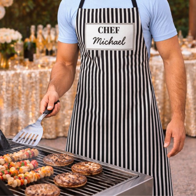 Modern Custom Personalised Chef Black Striped Apron (Creator Uploaded)