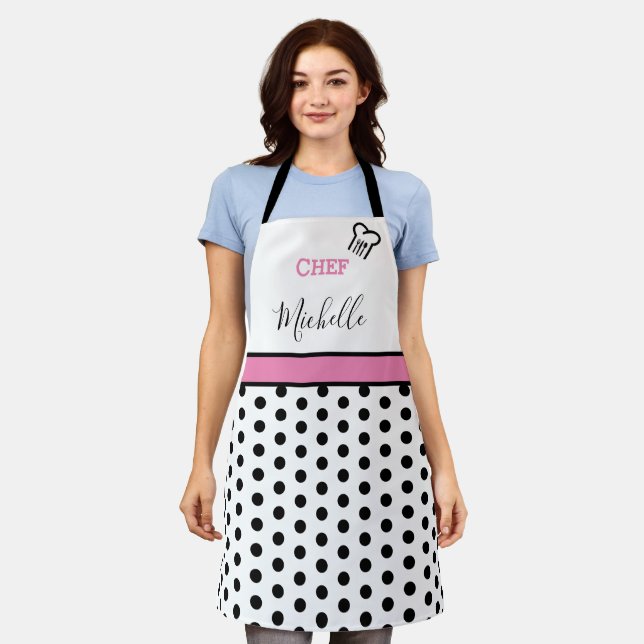 Modern Custom Personalised Chef Name Polka Dots Apron (Worn)