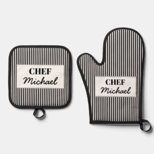 Modern Custom Personalized Chef Black Striped  Oven Mitt & Pot Holder Set
