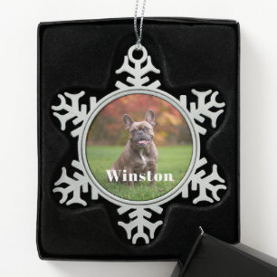 Modern Custom Pet Name Photo Holiday Snowflake Pewter Christmas Ornament