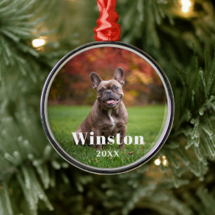 Modern Custom Pet Name Year Photo Holiday Metal Tree Decoration
