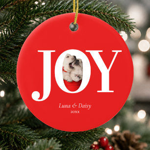 Modern Custom Pet Photo Joy Red Christmas Ceramic Tree Decoration