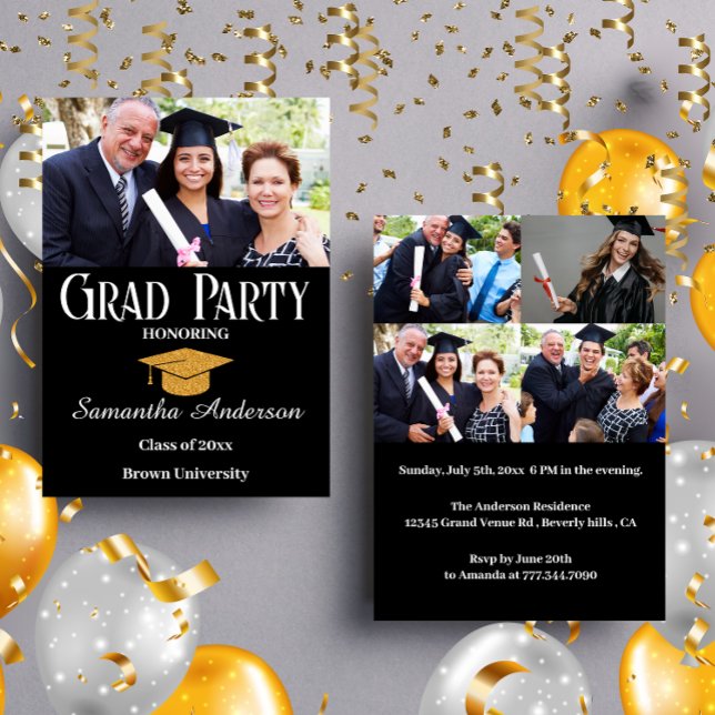Modern Custom Photo Collage Black Graduation Party Invitation (Creator Uploaded)
