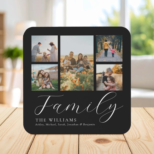 Modern Custom Photo Collage Elegant Script Family Coaster (Creator Uploaded)
