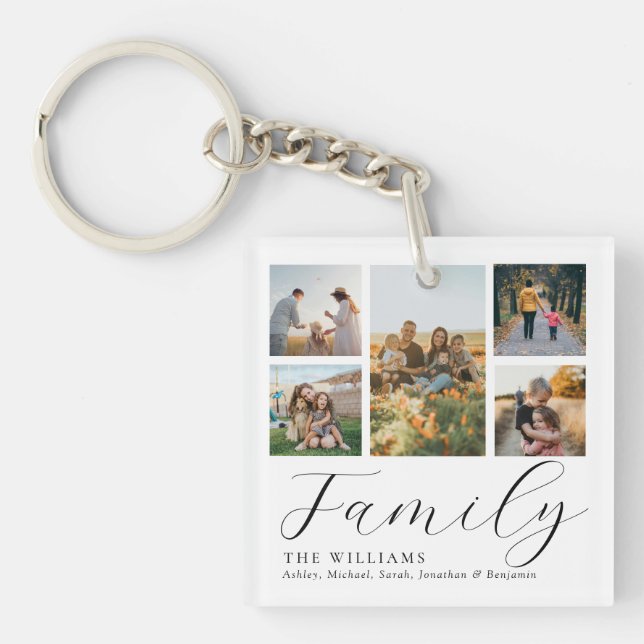 Modern Custom Photo Collage Elegant Script Family Key Ring (Front)