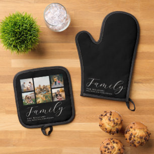 Modern Custom Photo Collage Elegant Script Family Oven Mitt & Pot Holder Set