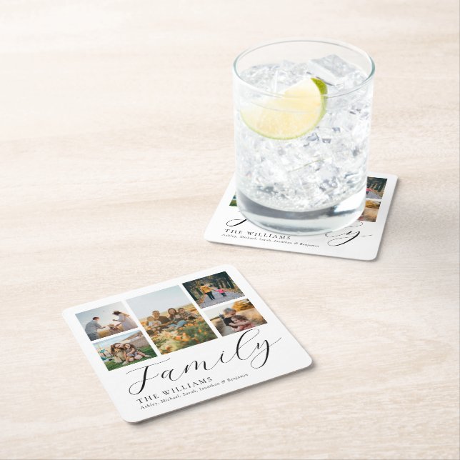 Modern Custom Photo Collage Elegant Script Family Square Paper Coaster (Insitu)