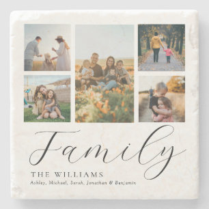 Modern Custom Photo Collage Elegant Script Family Stone Coaster