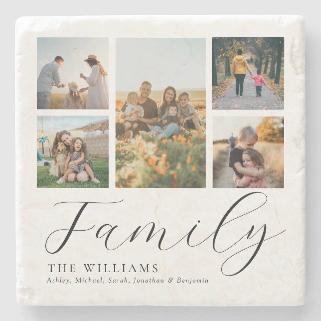Modern Custom Photo Collage Elegant Script Family Stone Coaster (Front)