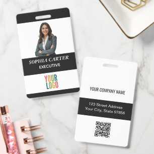 Modern Custom Photo Company Logo QR Code Black ID Badge