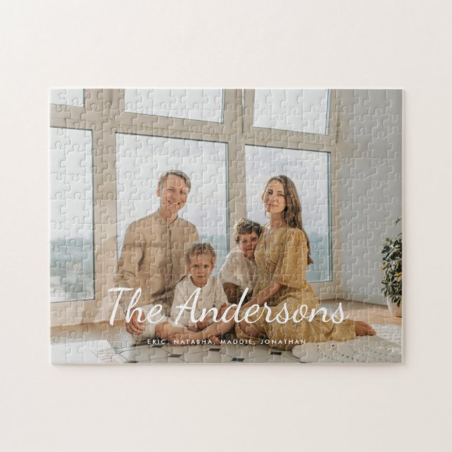 Modern Custom Photo Family Name Script Jigsaw Puzzle (Horizontal)