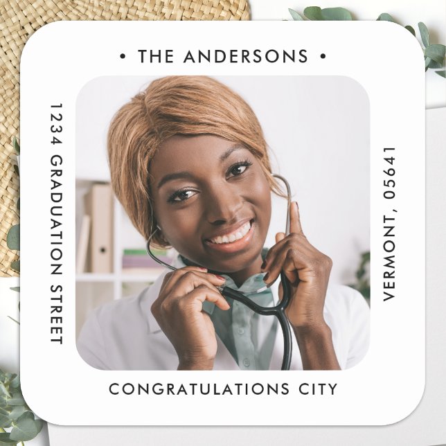 Modern Custom Photo Graduation Return Address  Square Sticker (Creator Uploaded)