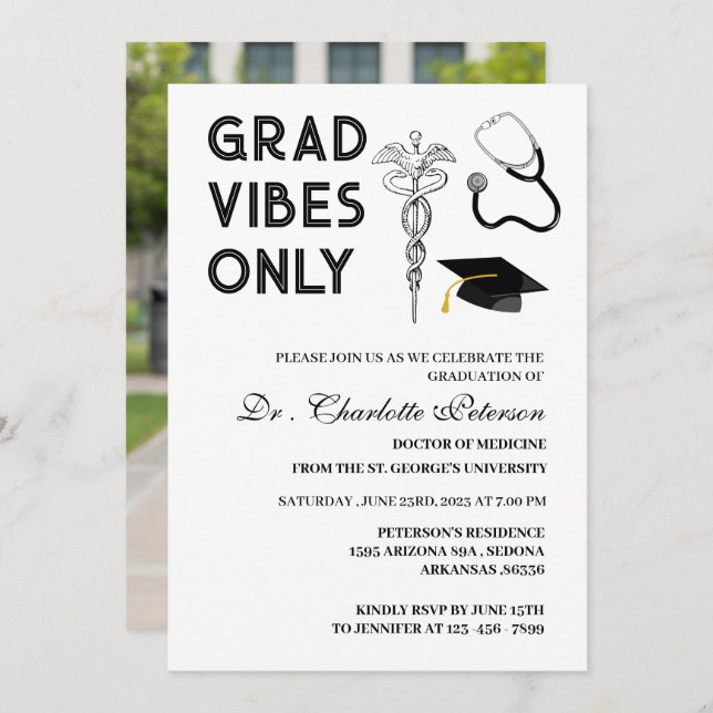 Modern Custom Photo Medical Doctor Graduation  Invitation (Front/Back)