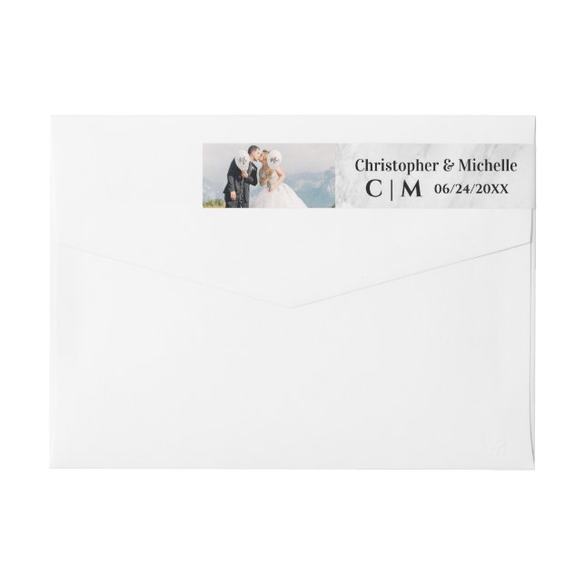 Modern Custom Photo Monogram Marble Wedding Simple Wrap Around Label (Back)
