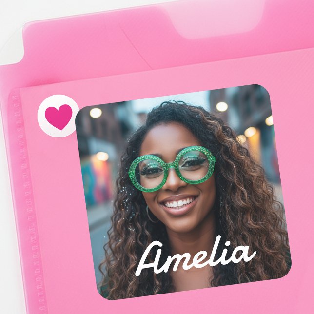 Modern Custom Photo Name Retro Typography Square Sticker (Creator Uploaded)