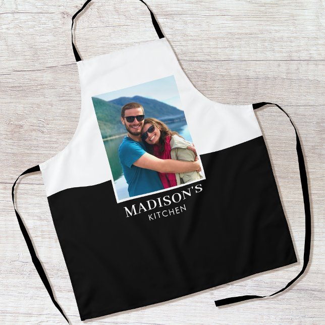 Modern Custom Photo Navy Kitchen Black White Apron (Creator Uploaded)