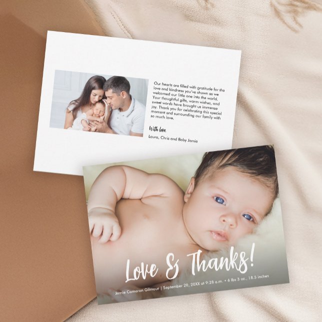 Modern Custom Photos Love & Thanks Baby Shower  Thank You Card (Standard baby shower thank you card size photo card.)
