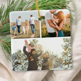 Modern Custom Quote Personalised 3 Photo Collage Ceramic Ornament