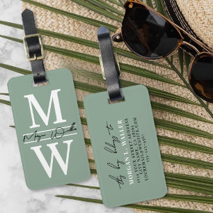 Modern Custom Sage Green Monogram Name Luggage Tag