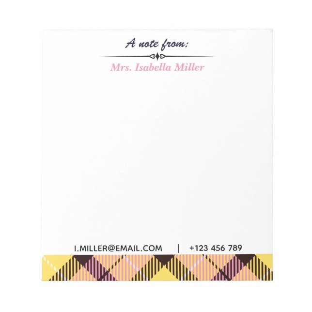 Modern Custom Script Name Email Tel Plaid Tartan Notepad (Front)