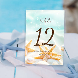 Modern Custom Starfish Shells Ocean Beach Wedding Table Number
