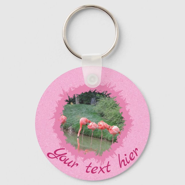 Modern custom text and 2 photo on pink pattern key ring (Front)