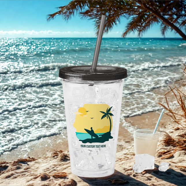 Modern Custom Text Summer Tropical Surfer Sunset Acrylic Tumbler (Modern custom text surfer acrylic tumbler )