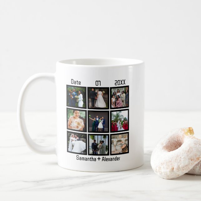 Modern Custom Wedding Anniversary 9 Photo Collage Coffee Mug (With Donut)