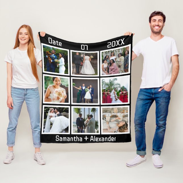 Modern Custom Wedding Anniversary 9 Photo Collage Fleece Blanket (In Situ)